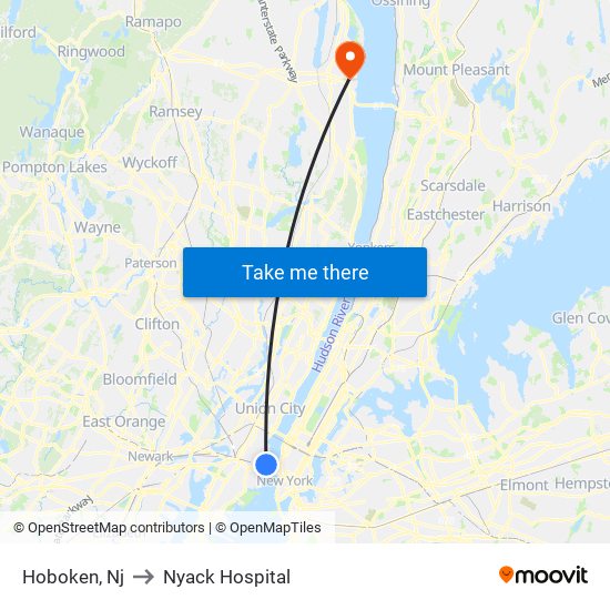 Hoboken, Nj to Nyack Hospital map