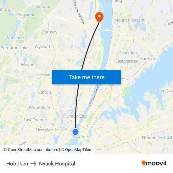 Hoboken to Nyack Hospital map