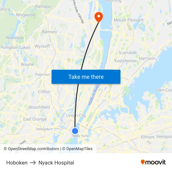 Hoboken to Nyack Hospital map