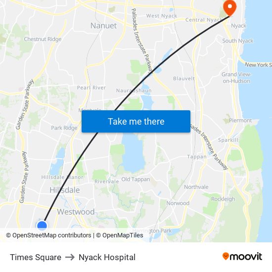 Times Square to Nyack Hospital map