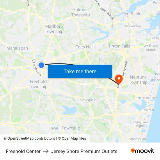 Freehold Center to Jersey Shore Premium Outlets map
