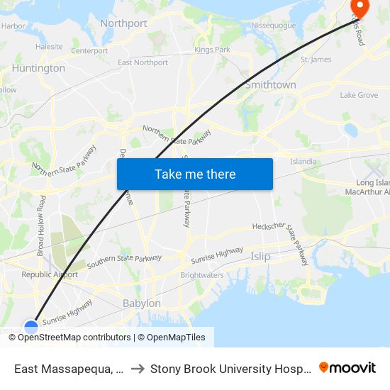 East Massapequa, Ny to Stony Brook University Hospital map