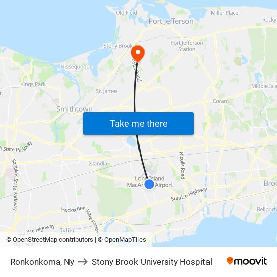 Ronkonkoma, Ny to Stony Brook University Hospital map