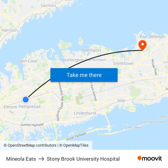 Mineola Eats to Stony Brook University Hospital map