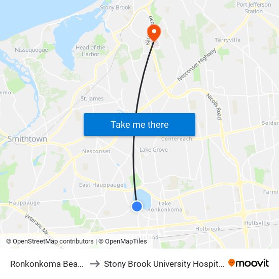 Ronkonkoma Beach to Stony Brook University Hospital map