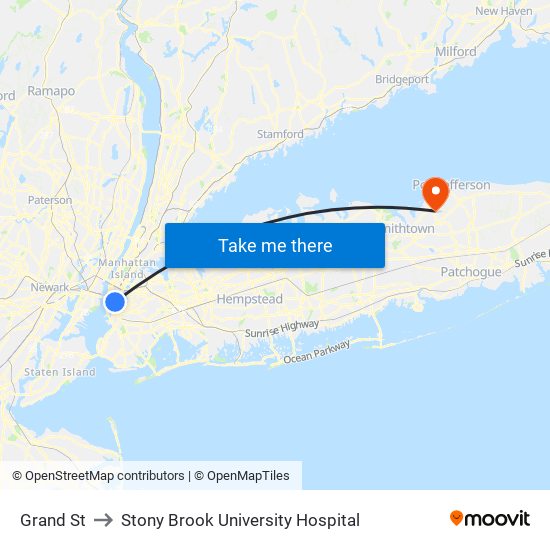 Grand St to Stony Brook University Hospital map