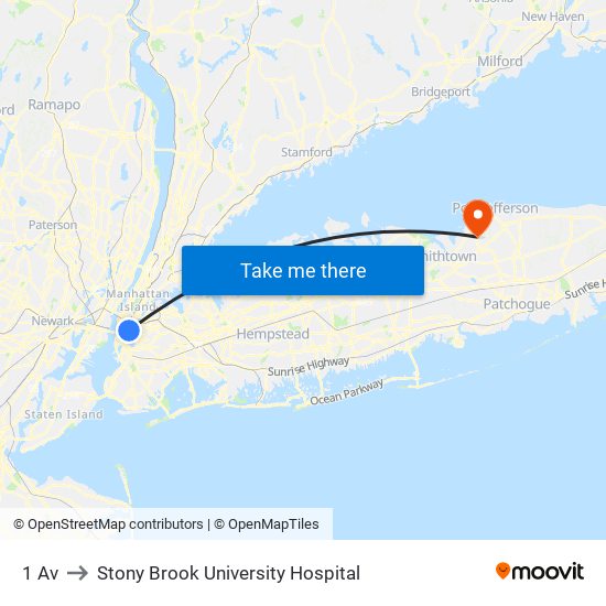 1 Av to Stony Brook University Hospital map