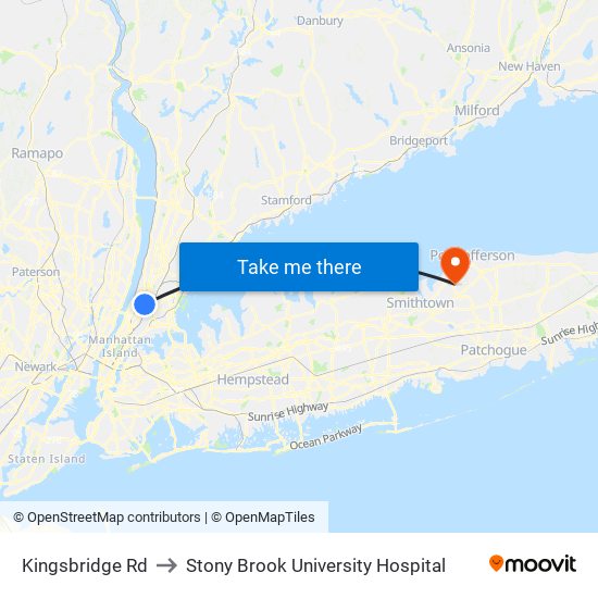 Kingsbridge Rd to Stony Brook University Hospital map