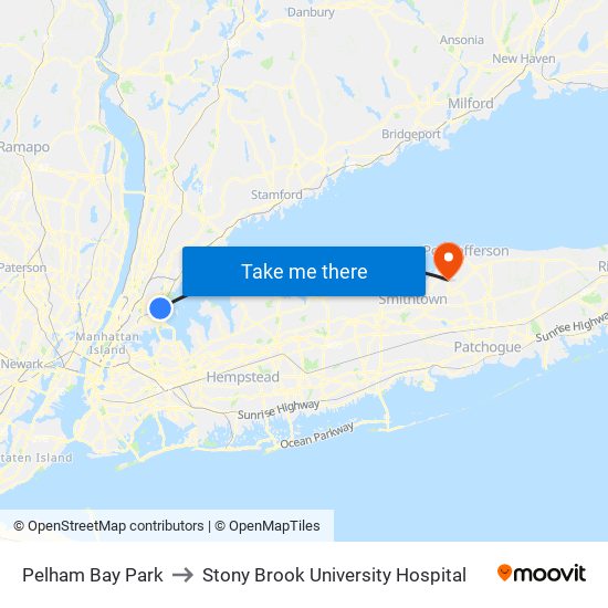 Pelham Bay Park to Stony Brook University Hospital map