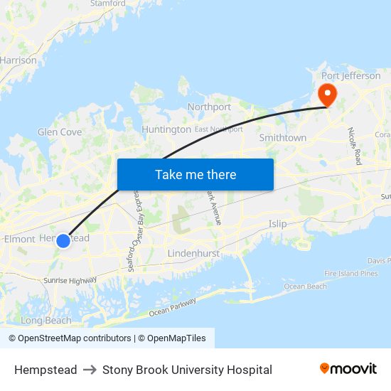 Hempstead to Stony Brook University Hospital map