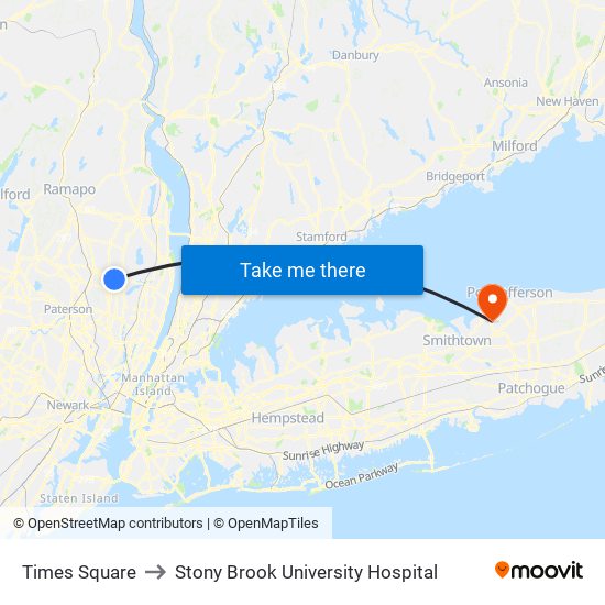 Times Square to Stony Brook University Hospital map