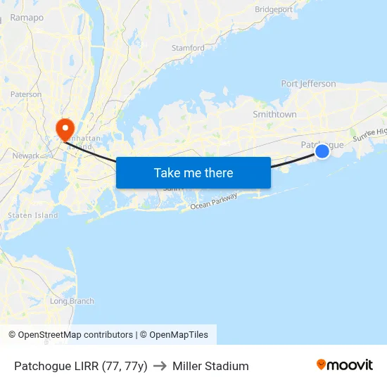 Patchogue LIRR (77, 77y) to Miller Stadium map