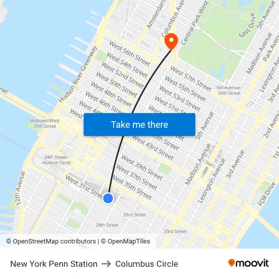 New York Penn Station to Columbus Circle map