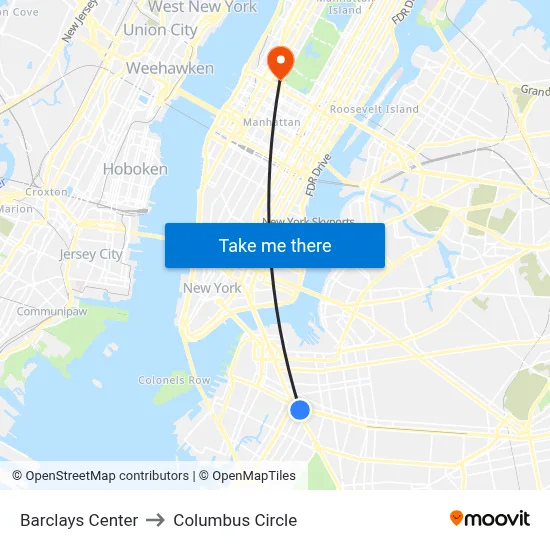 Barclays Center to Columbus Circle map