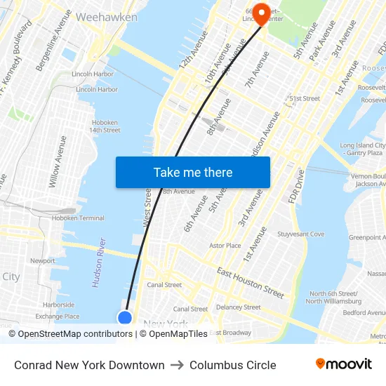 Conrad New York Downtown to Columbus Circle map