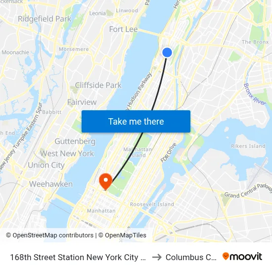 168th Street Station New York City Subway to Columbus Circle map