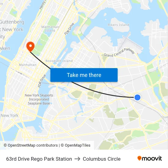 63rd Drive Rego Park Station to Columbus Circle map