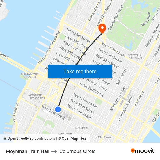 Moynihan Train Hall to Columbus Circle map