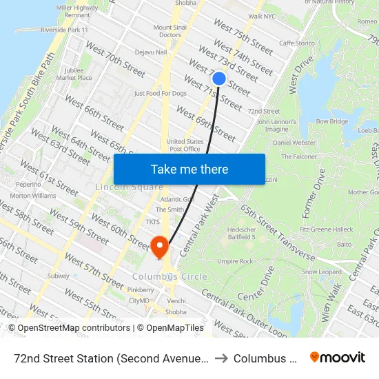 72nd Street Station (Second Avenue Subway) to Columbus Circle map