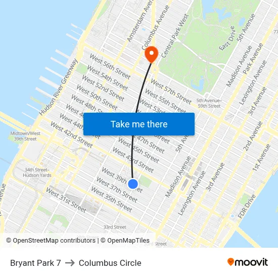 Bryant Park 7 to Columbus Circle map