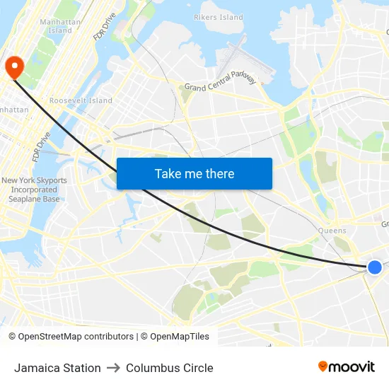 Jamaica Station to Columbus Circle map