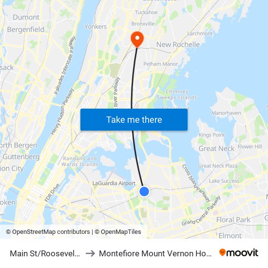 Main St/Roosevelt Av to Montefiore Mount Vernon Hospital map