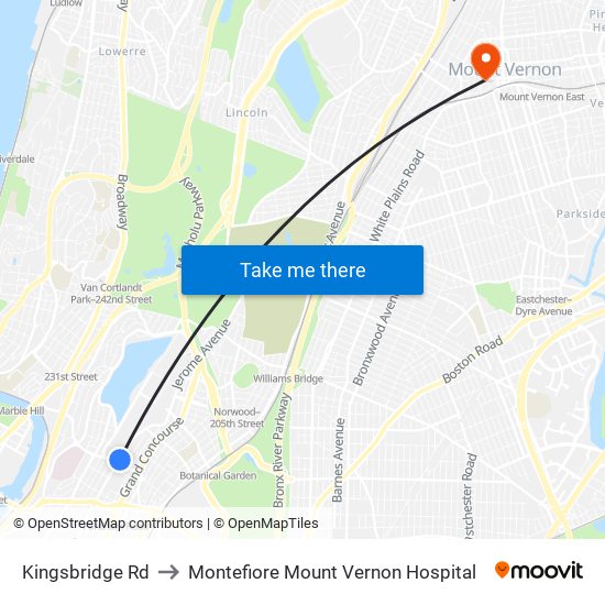 Kingsbridge Rd to Montefiore Mount Vernon Hospital map