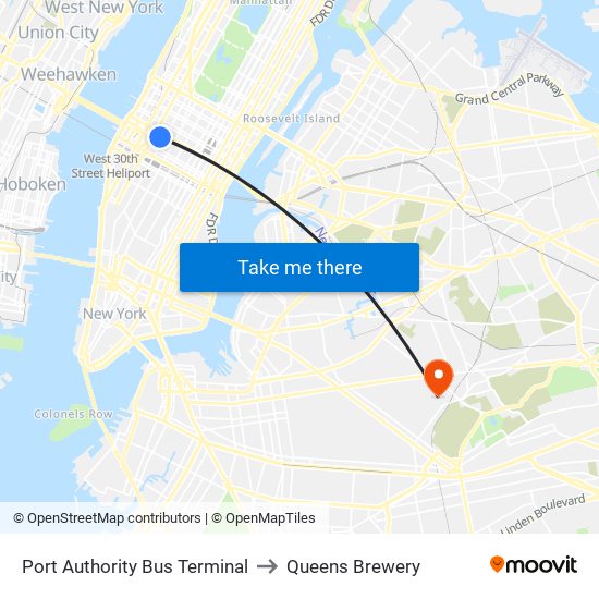 Port Authority Bus Terminal to Queens Brewery map