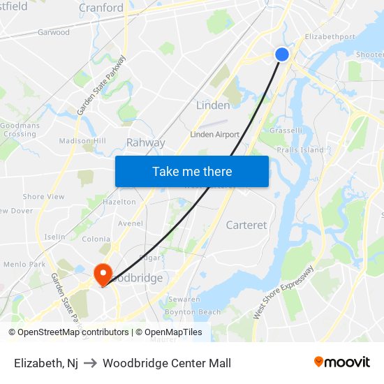Elizabeth, Nj to Woodbridge Center Mall map