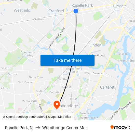 Roselle Park, Nj to Woodbridge Center Mall map