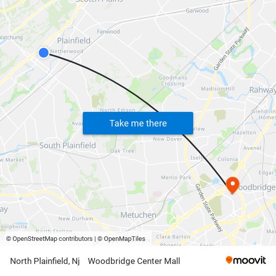 North Plainfield, Nj to Woodbridge Center Mall map