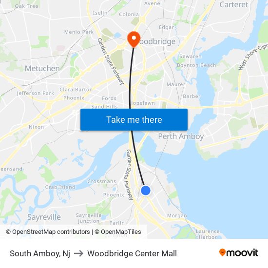 South Amboy, Nj to Woodbridge Center Mall map