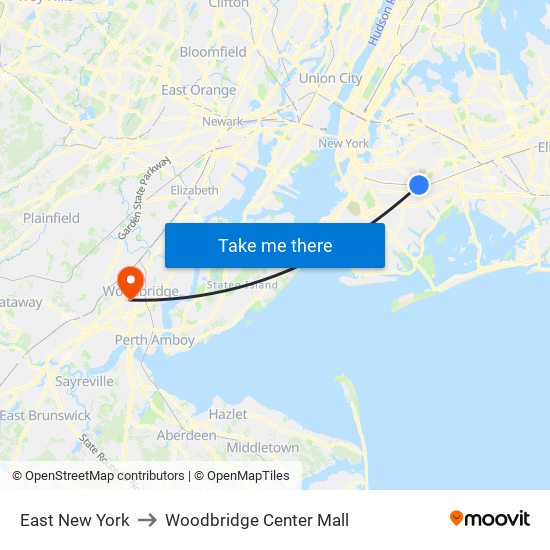 East New York to Woodbridge Center Mall map
