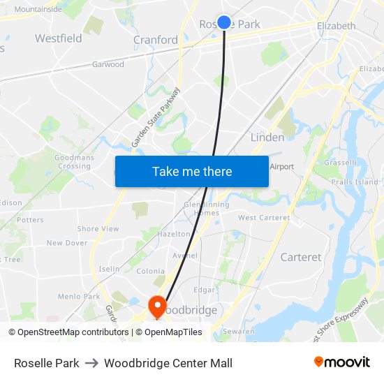 Roselle Park to Woodbridge Center Mall map