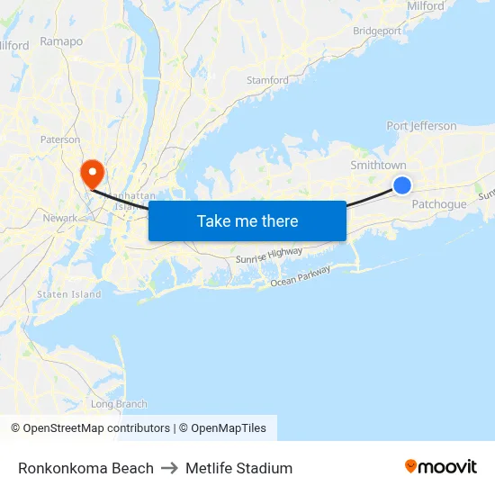 Ronkonkoma Beach to Metlife Stadium map