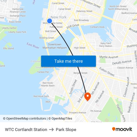 WTC Cortlandt Station to Park Slope map