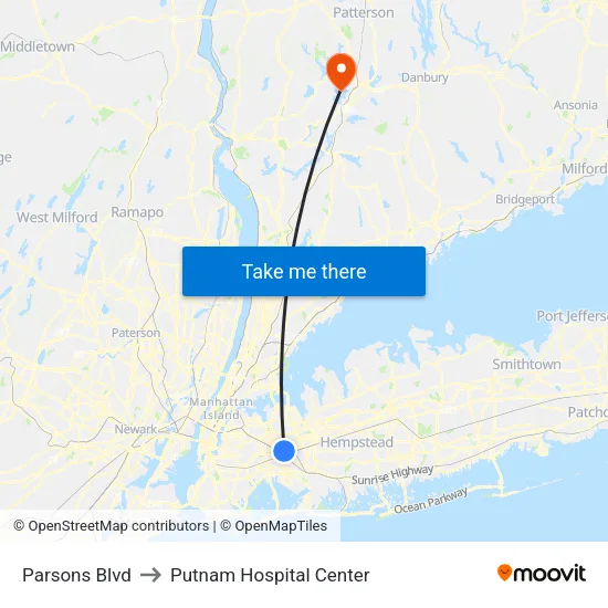 Parsons Blvd to Putnam Hospital Center map