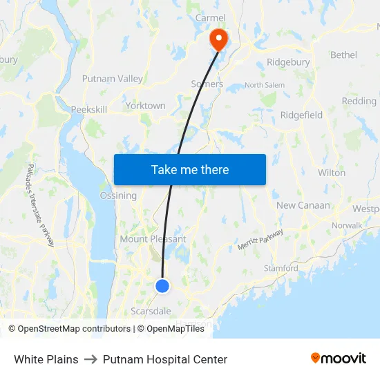 White Plains to Putnam Hospital Center map