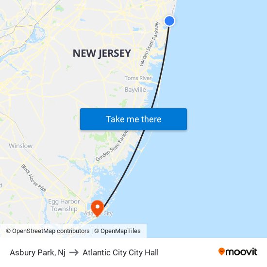 Asbury Park, Nj to Atlantic City City Hall map