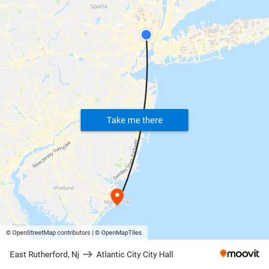 East Rutherford, Nj to Atlantic City City Hall map