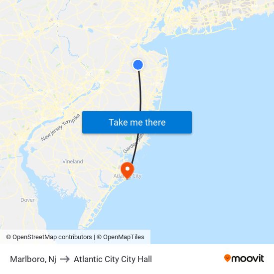 Marlboro, Nj to Atlantic City City Hall map