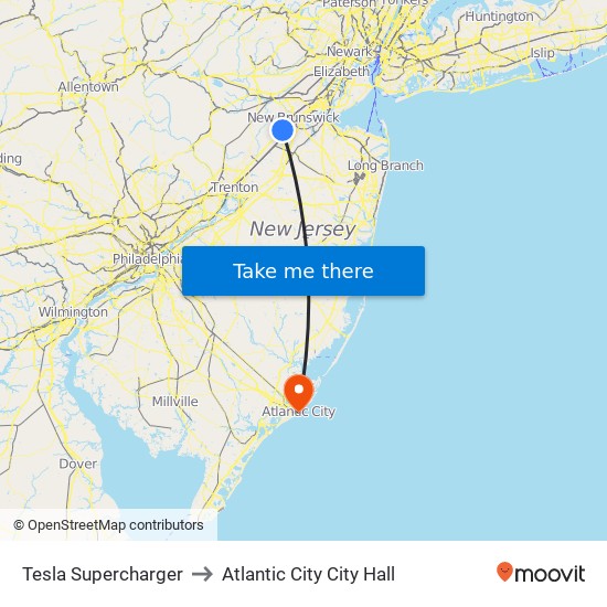 Tesla Supercharger to Atlantic City City Hall map