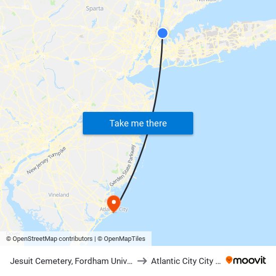 Jesuit Cemetery, Fordham University to Atlantic City City Hall map