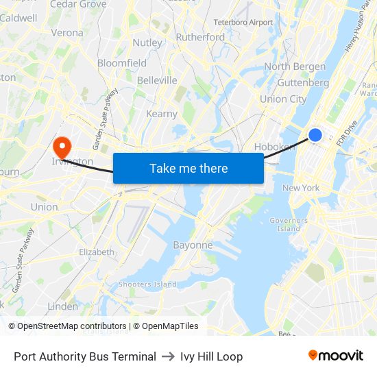 Port Authority Bus Terminal to Ivy Hill Loop map
