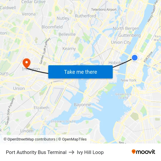 Port Authority Bus Terminal to Ivy Hill Loop map