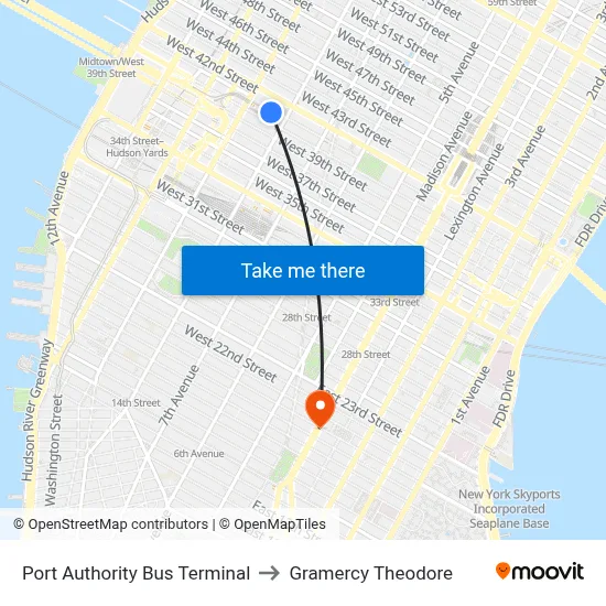 Port Authority Bus Terminal to Gramercy Theodore map