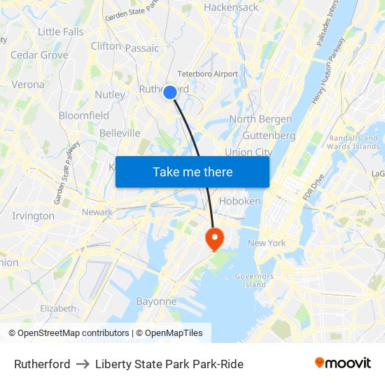 Rutherford to Liberty State Park Park-Ride map