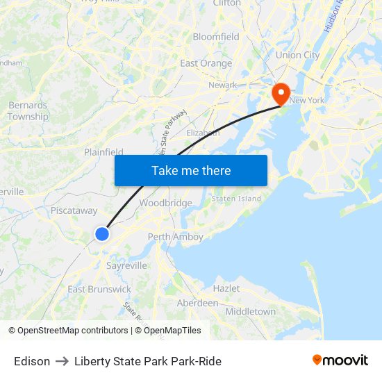 Edison to Liberty State Park Park-Ride map