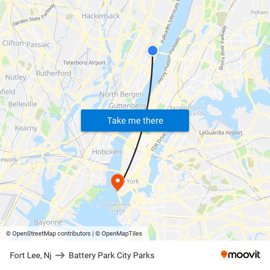 Fort Lee, Nj to Battery Park City Parks map