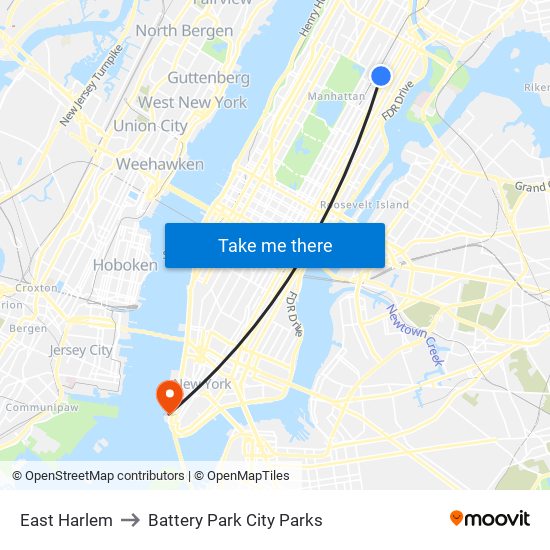 East Harlem to Battery Park City Parks map